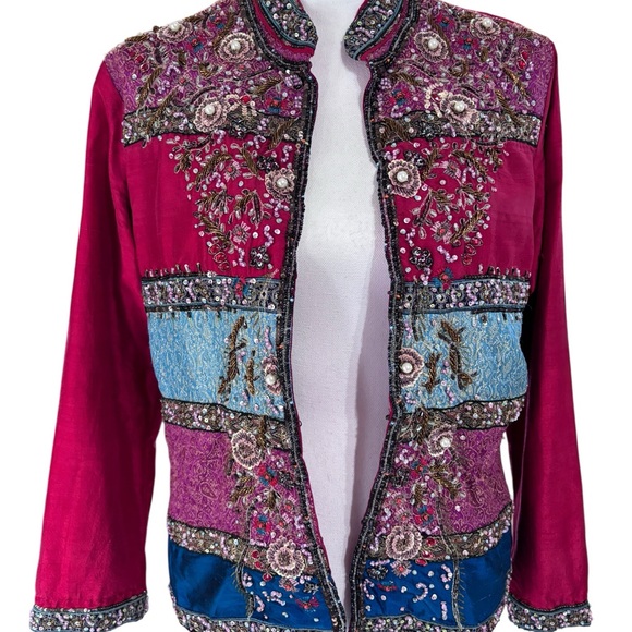 Chico’s Silk Beaded Jacket Size 1 (M 8/10) – Embellished Boho Statement - Picture 2 of 12